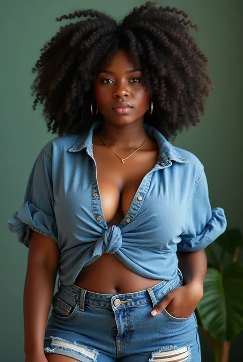 Make an image of a black woman with a huge ass and huge breasts wearing denim shorts and a blue Caribbean blouse 