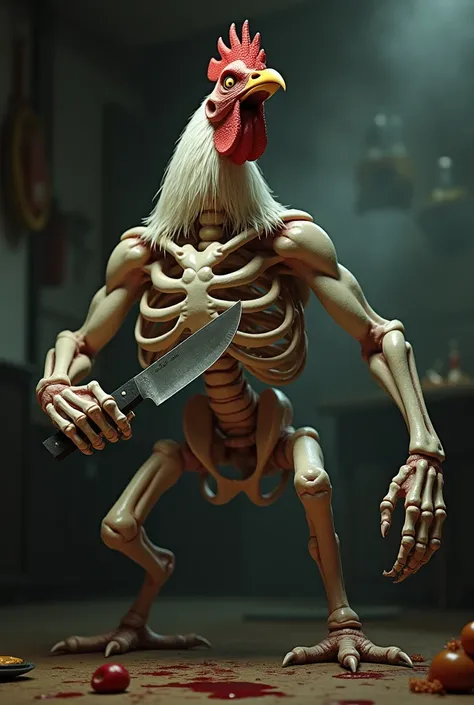 Skeleton, muscular chicken with a knife wanting to kill for not training today