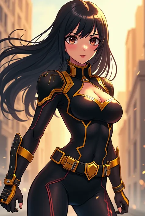  Create a 2D anime character Boku in Hero Academia, long and half-straight dark hair (with bangs or without )  brown black eyes ,  with a personalized heroine outfit, black with yellowish details gold 