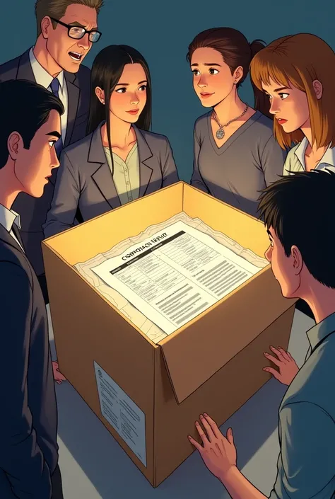 The group opens the box to reveal papers and a detailed corporate report.