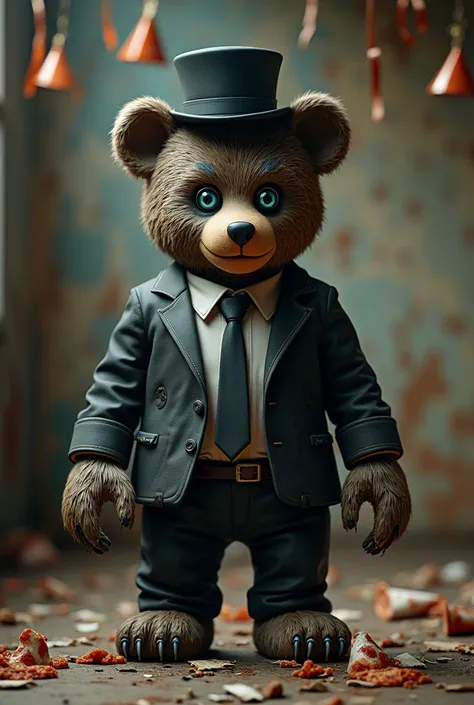 An anthropological animatronic bear with blue eyes and a black hat and tie in an abandoned pizzeria 
