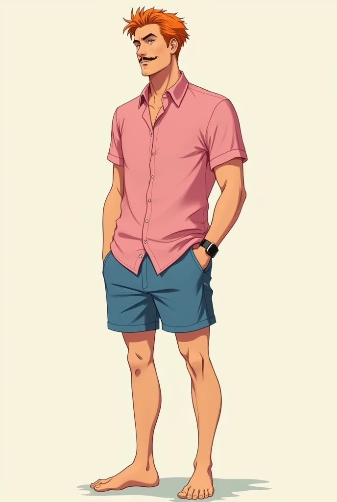  A figure with shorter orange hair ,  a little mustache and a chin but little ,  wears a pink shirt with a collar and blue short swim shorts, he is thin and has skinny legs and is masculine