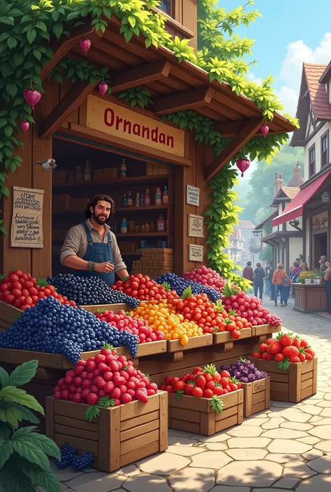 a fruit stall with blueberries, blackcurrants,strawberry and aronia and the stalls name is ORMANDAN and this stand in village