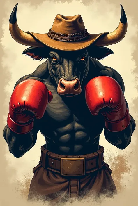 Logo, A bull , with boxing gloves, Wearing a weather-worn rangler hat ,  posing as a boxer.