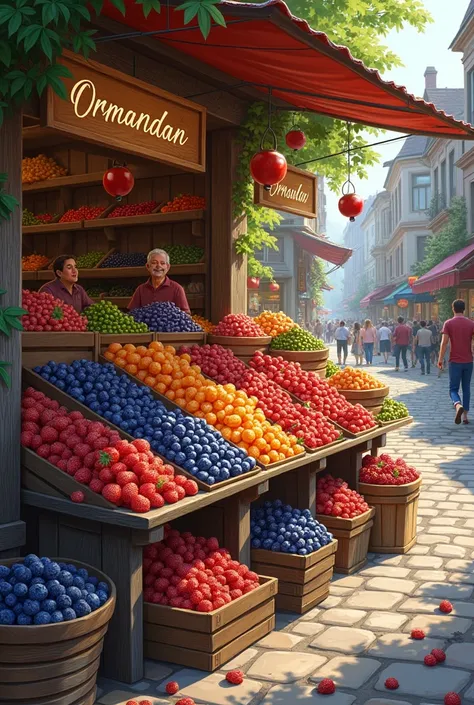 a fruit stall with blueberries, blackcurrants,strawberry and aronia and the stalls name is ORMANDAN and this stand in village