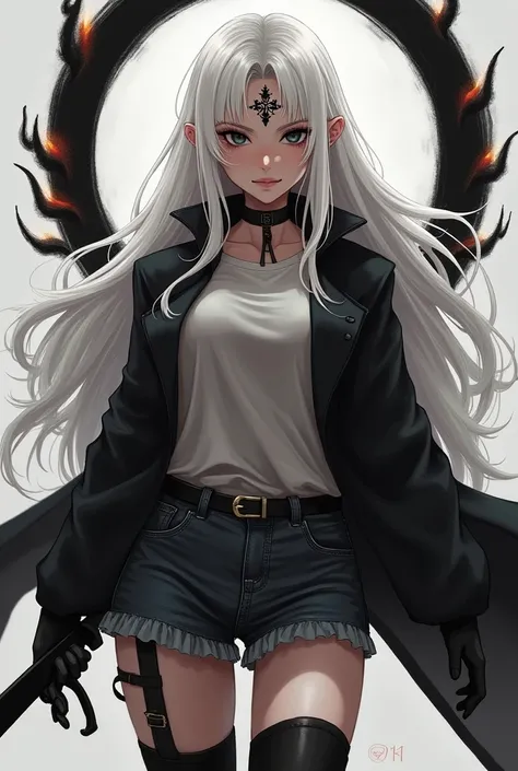  woman with long white hair  , black eyes and no irises , fringe, slightly muscular,  Wearing black denim shorts , black boot, t-shirt, black coat, gloves on hands,   with a black sword in her hand , Armadura preta,  symbol of ornament drawn on her forehea...