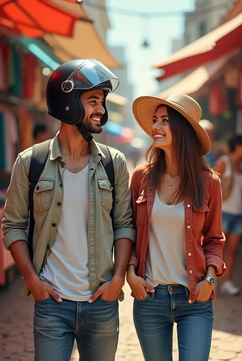 Happy couple at a clothing market with the boy wearing his motorcycle helmet and the girl wearing a hat 