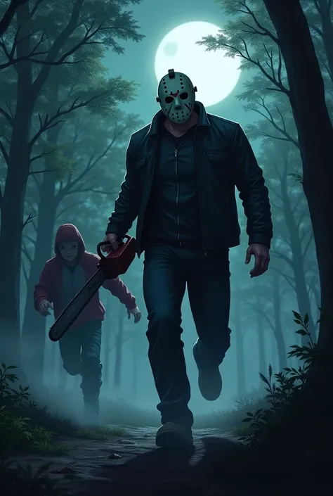 Jason from the series Friday the 13th  ,   in a forest setting the night rises in the moonlight running after his victim,   with the traits of Kimetsu no Yaiba  ,  wearing a black jacket and black pants with a chainsaw in his hand . Anime form , ultra real...