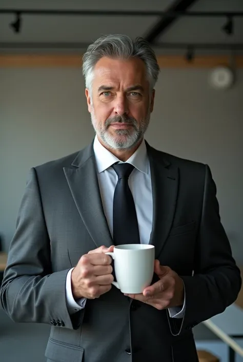 An executive holding a cup he is wearing a suit and has a bad look 