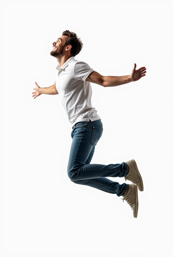 A man in casual clothes flying in the air, propelling upwards, body seen from the side, the mans eyes looking up, as if the focus was going up as if he were a superhero, wearing a white polo shirt and jeans, expression of satisfaction, attractive and sophi...