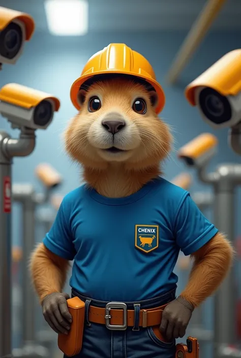 Capybara falquito working on the installation of security cameras with a blue t-shirt with a logo that says CHENIX and with a safety helmet and belt
