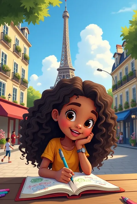 Make me a cartoon scene of a happy brown girl , with curly but long hair sitting next to the Eiffel Tower in Paris, Writing in her notebook  