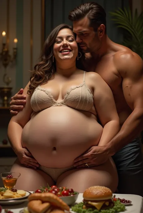 feedee girl have  very big belly,big boobs,big ass and shes eating a lot of food in lingerie,her belly rubbing by tall muscular guy