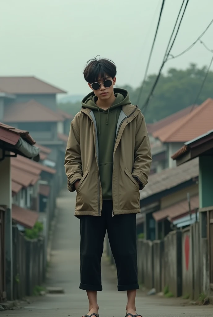 Japanese male, 20 years old, parka jacket with army green hoodie,Round sunglasses,Black 3/4 pants,Flip-flops,Looking down,Both arms in his jacket pockets,the background is the roofs of simple, typical Indonesian houses,Camera zoom from bottom to top,Mornin...