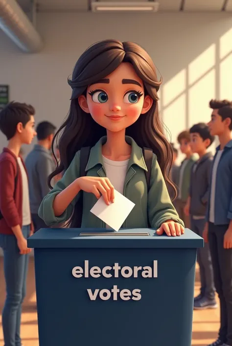 

The image shows a student  ,  with a cheerful and responsible expression,  as they cast their electoral vote in a voting box .  The box is dark blue and has a sign that reads  "Electoral Votes ". . The person is holding a ballot paper in her right hand a...