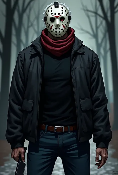 Jason looked like a turtleneck shirt, a large black jacket, dark blue pants and red Jordan shoes, and he had his hockey mask and white hair and had a machete on his belt. Jason had a dark red scarf around his neck and his face under the mask had a red eye ...