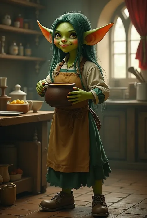 um personagem de RPG de  full body : ( full body  :1.5), (woman:1.5), (goblin:1.5) Young, short stature, beautiful, fly away, perspicacious, mischievous smile,  pointy ears , green skin,  dark green hair , kitchen assistant , apron, shoes, slightly irritat...