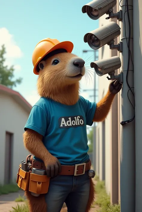 Capybara falquito working on the installation of security cameras wearing a blue t-shirt with a logo that says Adolfo and wearing a safety helmet and tool belt
