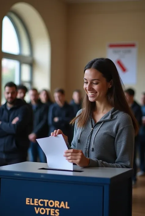 

The image shows a student  ,  with a cheerful and responsible expression,  as they cast their electoral vote in a voting box .  The box is dark blue and has a sign that reads  "Electoral Votes ".  The person holds a ballot paper in his right hand and ins...