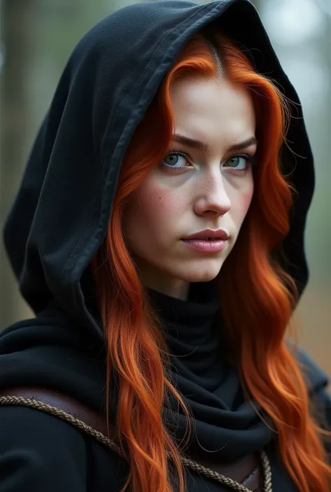 Create a warrior woman with loose red hair, a long wave with a profiled and beautiful face, with big eyes and full lips and a small nose with white skin, wearing warrior clothes with a large hood, all her clothes are black.