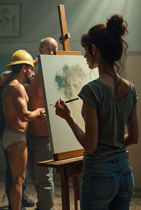 A woman painting on a lectern ,  while another person is rescued in front of her in underwear 