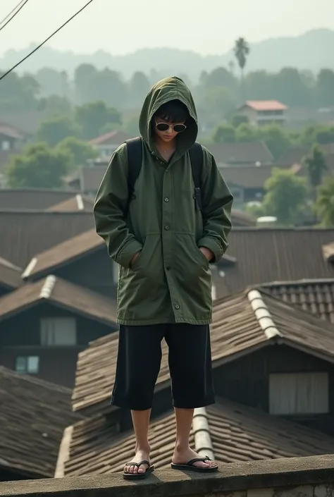 Japanese male, 20 years old, parka jacket with army green hoodie,Round sunglasses,Black 3/4 pants,Flip-flops,Looking down,Both arms in his jacket pockets,Standing on the roof tiles of the house, a hoodie on his head,the background is the roofs of simple, t...