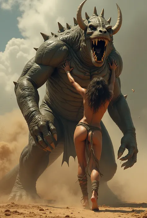 (photorealism:1.2), beautiful naked Palestinian woman, fight with big monster 