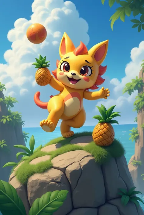 Create an image of Messe playing ball on top of a rock with a pineapple in his hand