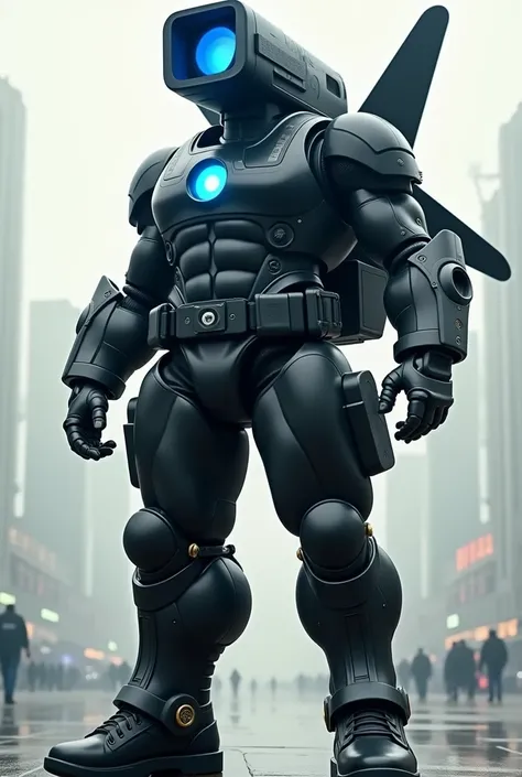 A burly man in a black suit, military boots and gabardine, a blue core on his chest with black gloves and a propeller backpack with jet wings and a giant black television camera head with a blue lens and measures 97 meters and wears formal clothing. 