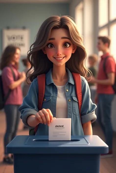 

The image shows a student  ,  with a cheerful and responsible expression,  as they cast their electoral vote in a voting box .  The box is dark blue and has a sign that reads  "Electoral Votes ". . The person is holding a ballot paper in her right hand a...