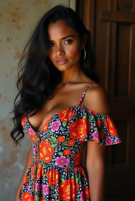 Realistic photograph of a beautiful woman with dark skin and black hair, wearing a colorful floral dress inspired by traditional cholita paceña clothing from La Paz, Bolivia. She is a milf 18 years old, with a curvy figure, body portrait. very big breasts....