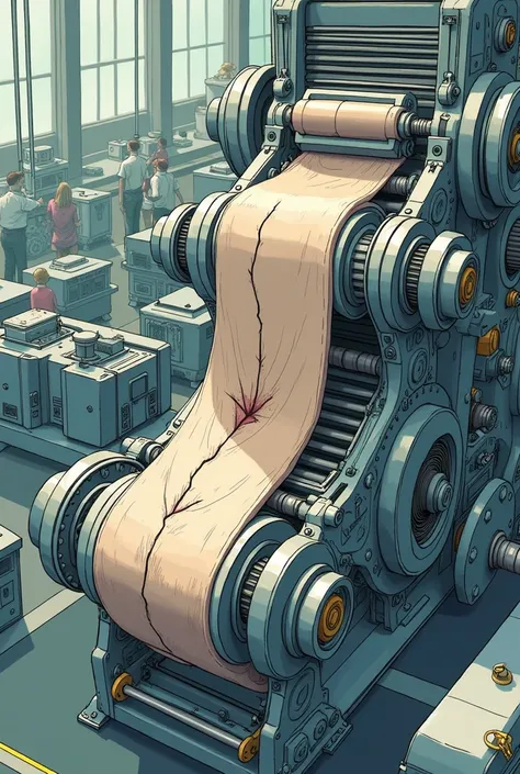 Illustration
 of a sock production machine, with an emphasis on the broken thread 