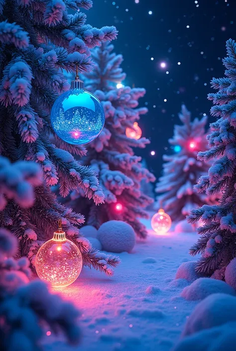 Christmas decorations and ornaments with blue and magenta neon lights