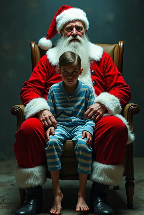 adolf hitler from 1938 as santaclaus with a  from Auschwitz in blue striped pajamas on his lap