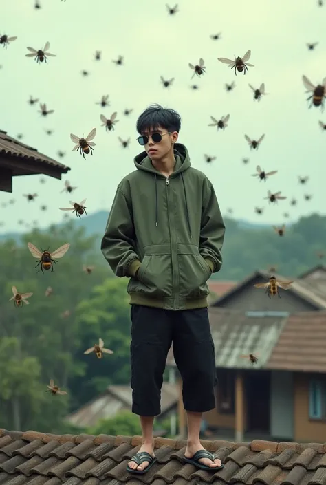 Japanese male, 20 years old, parka jacket with army green hoodie,Round sunglasses,Black 3/4 pants,Flip-flops,Looking down,Both arms in his jacket pockets,Standing on the roof tiles of the house, a hoodie on his head,There were so many swarms of killer bees...