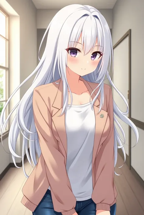 Source_anime, anime art, anime style, very aesthetic, masterpiece, high quality, 1girl, seductive mature woman, milf, curvaceous, casual housewife clothes, white hair, long hair, hair between eyes, expressionless, home, soft light, enterprise from azur lan...