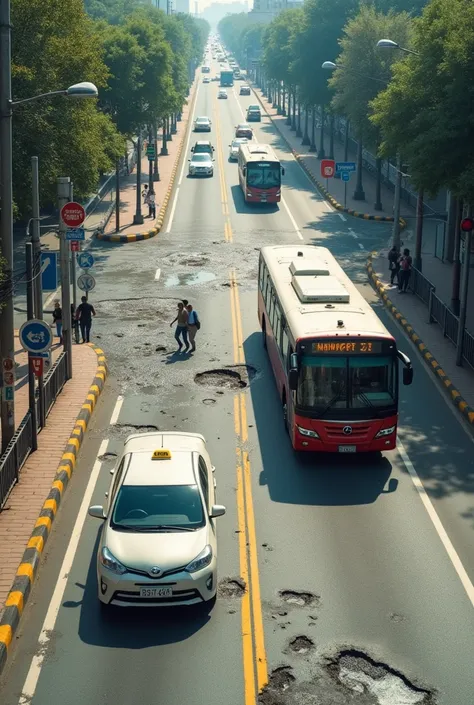 "A realistic depiction of urban streets and highways used by public transportation vehicles, showing visible wear and tear. The roads are riddled with potholes, cracks, and uneven surfaces, creating challenges for buses and taxis. Traffic signs are faded, ...