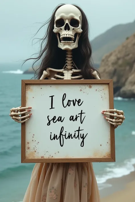 Beautiful skeleton girl with long wavy hair, bohemian dress,  holding a white board with the text " I Love Seaart Infinity "  and showing it to the spectator