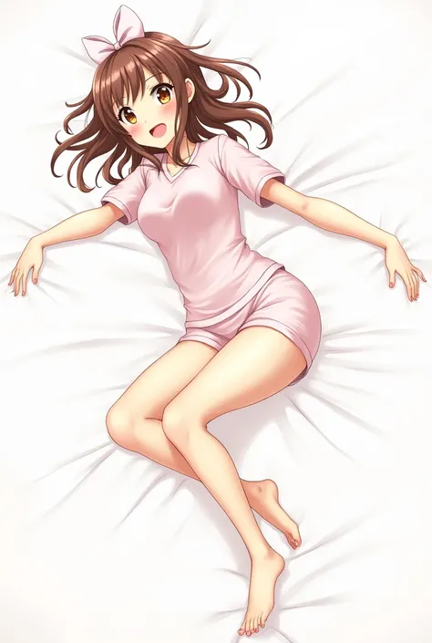 High Resolution, Masterpiece, Anatomically Correct, 1girl, Bangs, Hair Between Eyes, Breasts, Blush, Saliva, Tongue, eye level, laying down, berfoot, streching feet, perfect feet, laying down, Anime, Hair Bow, fullbody