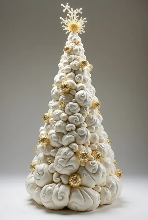 White cone-shaped truffle topiary ,  50 cm high ,  for weddings, with arabesques ,  gold-colored rhinestone ,  shiny gems ,  sober and elegant ,  with a creative topper , shocking, unusual