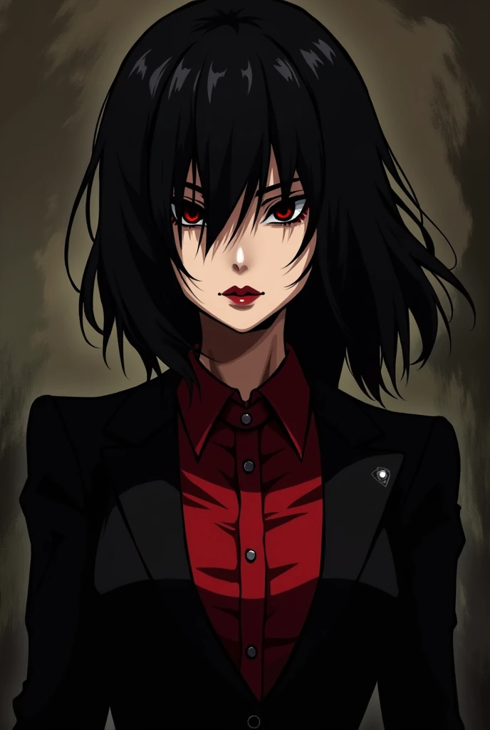 Female character from the anime "hellsing", with medium black hair at shoulder length, no bangs, with dark red eyes ,  thick and reddish lips, wearing a red dress shirt and a black jacket