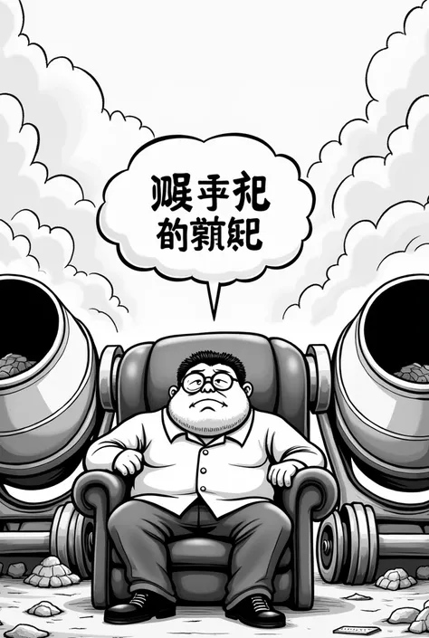 Create the black and white anime illustration of a politician circa 40 years old, with a very short beard. Wears rounded glasses, thick dark hair, a very little overweight, not fat. He has a smirkling and stubborn face. 
He is sitting on a luxury office ch...