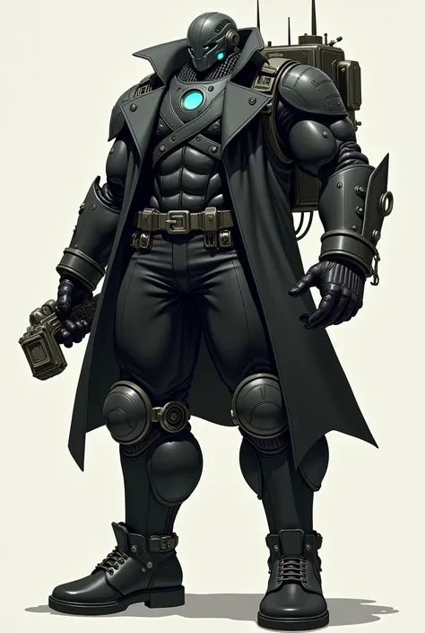 Giant military man in a black suit and military boots and a black trench coat and black pants, a blue core on his chest with black gloves instead of his head, has a camera from the year 1900 with a blue lens and is muscular and measures 97 meters with a mi...