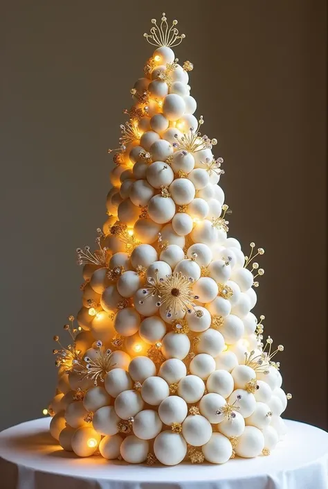 Truffle topiary , 50cm high ,  in the shape of a white cone for weddings , with arabesques ,  golden rhinestone ,  glowing gems , sober and elegant ,  with a creative topper , Stunning,  with 3 divisions to create layers of truffles and in the middle is a ...