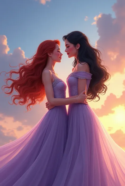 Mother and daughter
The daughter is with Beca from graduation with long red hair and the middle-aged mother is far from straight and long black hair in a shimmering lilac dress saying goodbye and smiling from afar close to the skies 
