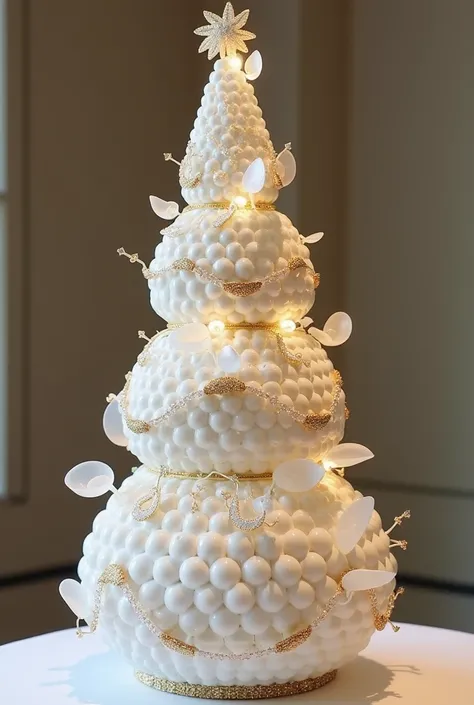 Truffle topiary , 50cm high ,  in the shape of a white cone for weddings , structured in 4 parts, with arabesques ,  golden rhinestone ,  glowing gems , sober and elegant ,  with a creative topper , Stunning