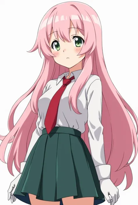  Screenshot style Boku no hero Academia , 20-year-old woman with very fluffy long pastel pink hair,  small light green eyes calm face , neutral, dark green skirt, white shirt red tie , white warmers ,  the whole body is stylized showing three views 