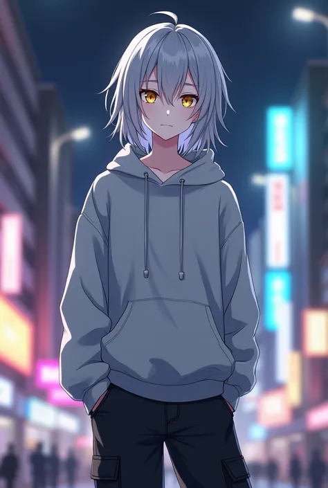 Gray Hair,Yellow Eyes, medium hair,Beautiful Boy,Neutral,female性的な男子,female性らYoung boy,female々Young boy, pure white skin, button,Thin chest,cute breasts ,Sloping shoulders,Graceful cute boy ,Flexible, gray hoodie, black cargo pants, Tall, full size,A high ...