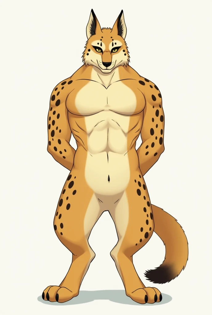 Furry, Anthro, Male, E621, Serval, Muscular, standing, Large thick penis exposed ejaculating, Hands behind back, Simple image background, Front view, by inu-sama
