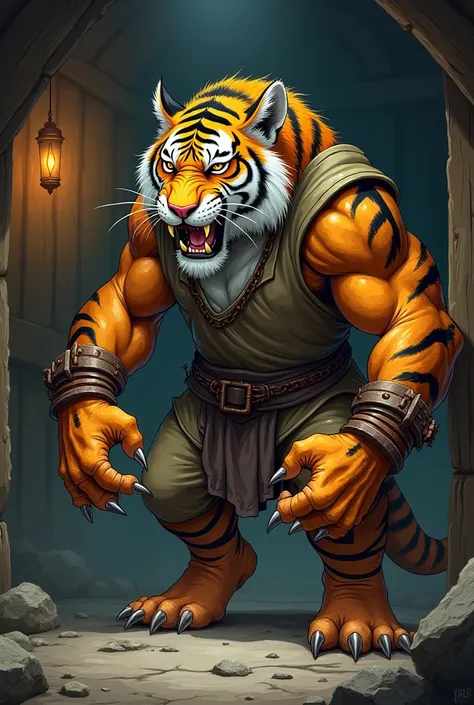 Feudal humanoid tiger with chains cartoon style